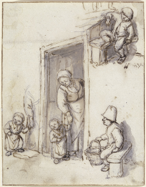 Studienblatt: Eine Mutter und ihre Tochter in der Haustür, ein Mädchen an der Hand der Mutter, und z von Adriaen van Ostade