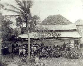 Plantation Workers on arrival from India, mustered at Depot, c.1891 (b/w photo) 