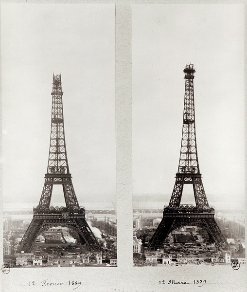 Two views of the construction of the Eiffel Tower, Paris, 12th February and 12th March 1889 (b/w pho von French Photographer
