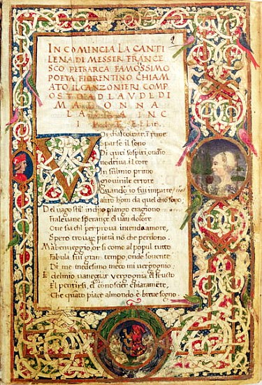 Ms.392 fol.1 Song in praise of Laure, from ''Sonetti, Canzoni e Triomphi'' Petrarch (1304-74) 1470 von Italian School