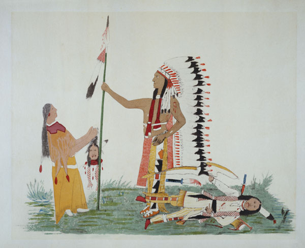 Comanche and his wife encounter and fight with a Ute, from a series of legendary episodes painted by von Silver Horn (Haun-goo-ah)