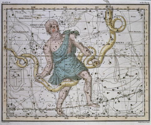 Ophiuchus or Serpentarius, from 'A Celestial Atlas', pub. in 1822 (coloured engraving) von A. Jamieson