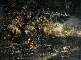 Landscape with Monks praying, or The Great Wood (oil on canvas) 20th