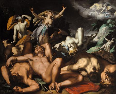 Diana und Apollo töten die Kinder der Niobe 1591
