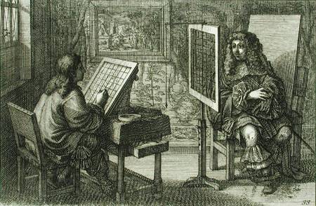 Artist painting a portrait over a grid for accurate proportion von Abraham Bosse