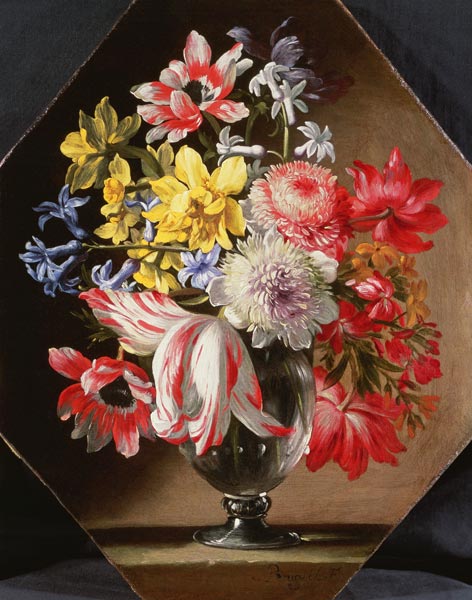 A Glass Vase of Flowers on a Stone Ledge Containing Tulips, Chrysanthemums, Roses and Bluebells von Abraham Brueghel