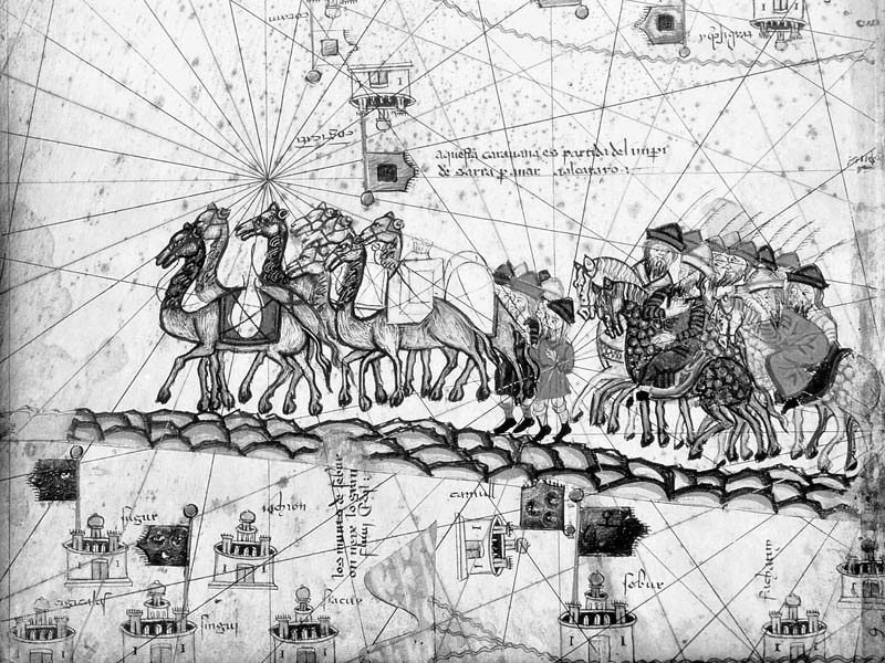 Ms Esp 20 panel 4 Caravans Crossing The Urals on the way to Cathay, from the Catalan Atlas of Charle von Abraham Cresques