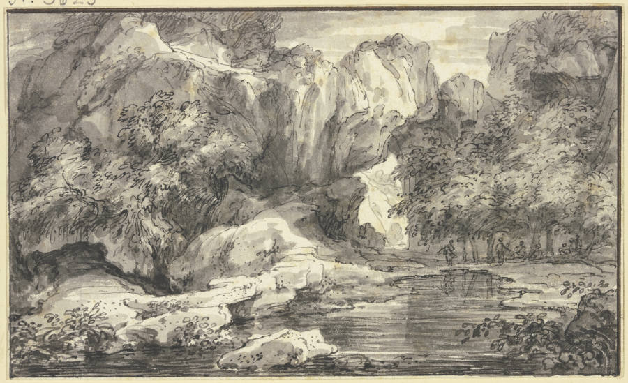 Große Felspartie an einem See von Abraham Genoels d. J.
