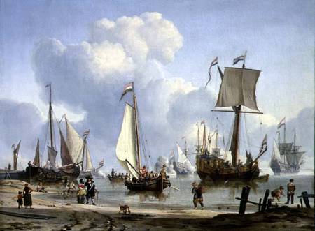 Ships in Calm Water with Figures by the Shore von Abraham J. Storck