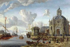 A capriccio of a Mediterranean Harbour with merchants and shipping at anchor