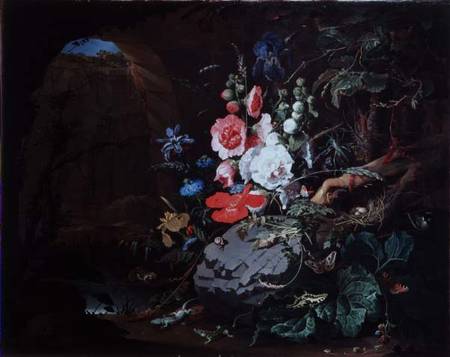Flowers and birds in a cave von Abraham Mignon
