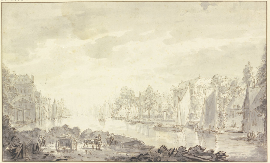 Stadtansicht am Fluss, vorne ein Wagen und Pferde von Abraham Rademaker