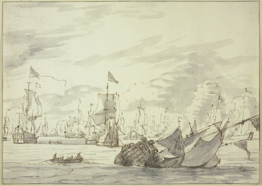 Seegefecht, vorne rechts ein sinkendes Schiff von Abraham Storck d. Ä.