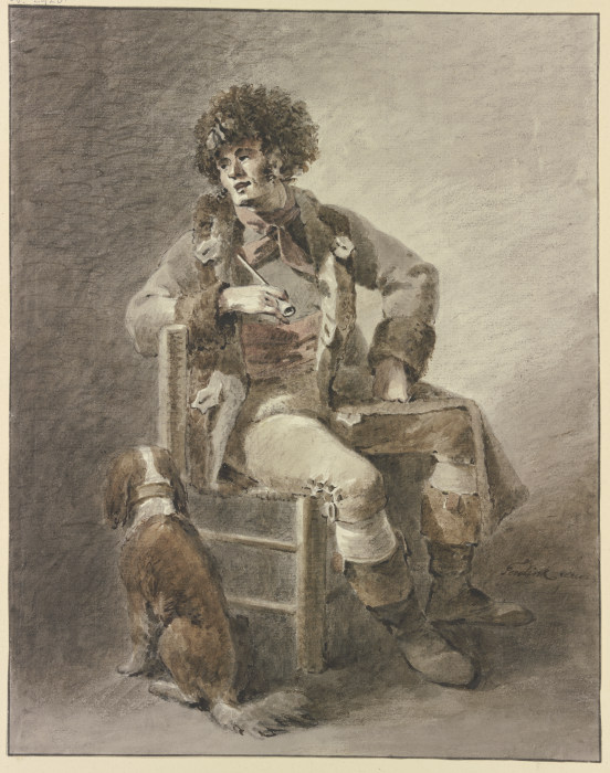 Auf einem Stuhl sitzt ein Mann die Pfeife in der Hand, dabei ein Hund von Abraham Teerlink