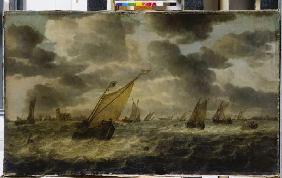 Die Mündung der Maas mit Segelbooten und Ruderkahn, im Hintergrund Dordrecht Ab 1640