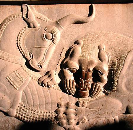 A ferocious lion attacking a bull, relief from the northern stairway facade of the Tripylon von Achaemenid