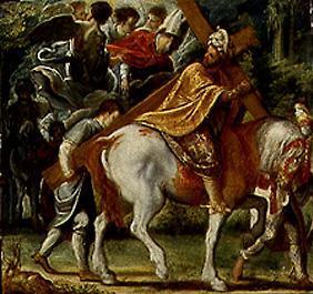 Hausaltar der Kreuzlegende: Heraklius mit dem Kreuz wird der Einzug zu Pferd verwehrt.