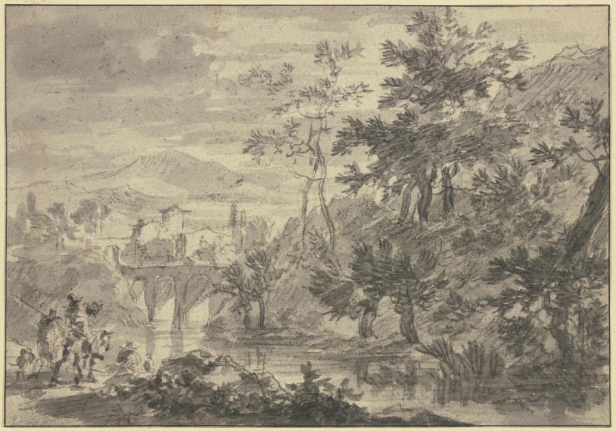 Landschaft mit einem mit Weiden bewachsenem Fluß, über welchen eine Brücke mit drei Bogen führt, vor von Adam Pynacker