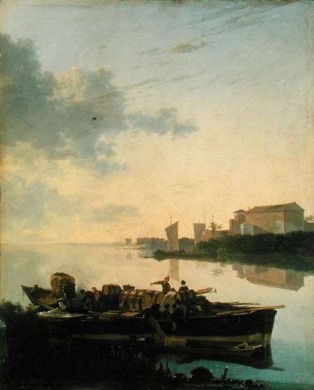 A Wooden Barge on the River by Sunset von Adam Pynacker