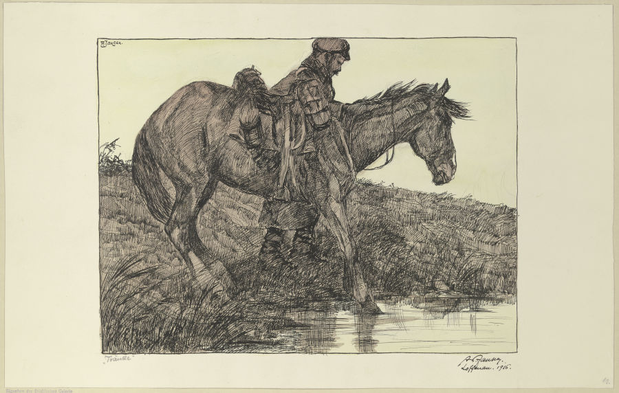 Tränke. Soldat mit Pferd am Wasser von Adolf Jansen