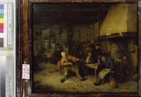 Geigenspieler und trinkende Bauern in einer Schenke 1663