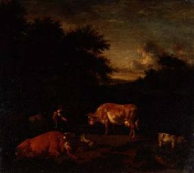 Shepherdess and a Drover with their Flocks by a Classical Fountain in a Wooded Landscape