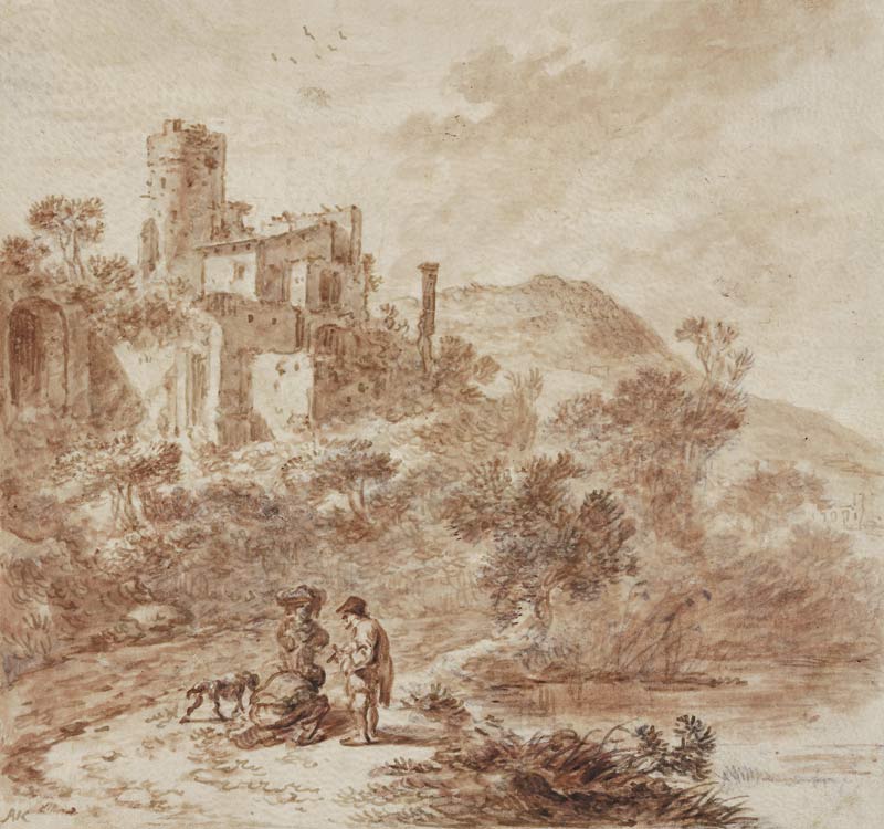 Ruine einer Villa, vorne am Weg drei Leute und ein Hund von Adriaen van der Cabel