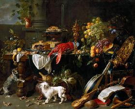 Großes Stillleben mit Hund und Katze 1647