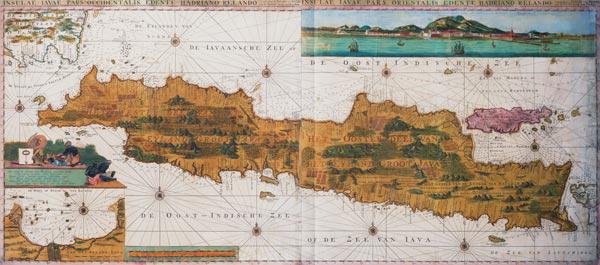 Insulae lavae, a large folding map of Java with two insets both depicting views of Batavia (Jakarta) 1473