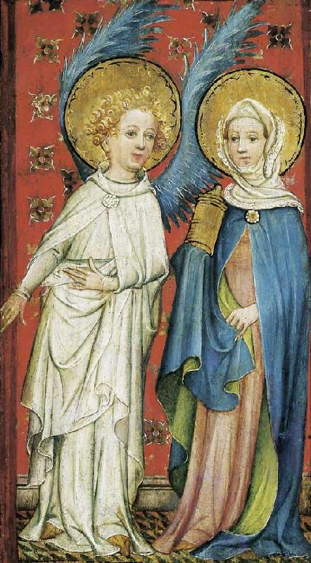 Der Engel empfängt die drei Marien am Grabe (linker Flügel). von Älterer Meister der Aachener Schranktüren