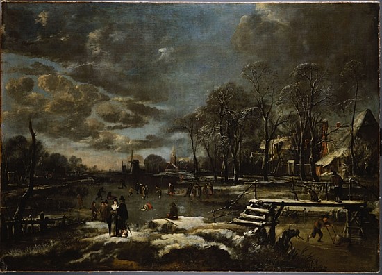 A Winter River Landscape with Figures Playing Golf and Skating von Aert van der Neer