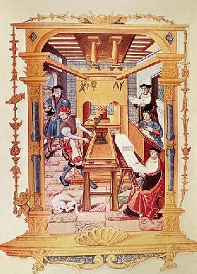 Interior of a 16th century printing works, copy of a miniature from ''Chants royaux sur la Conceptio