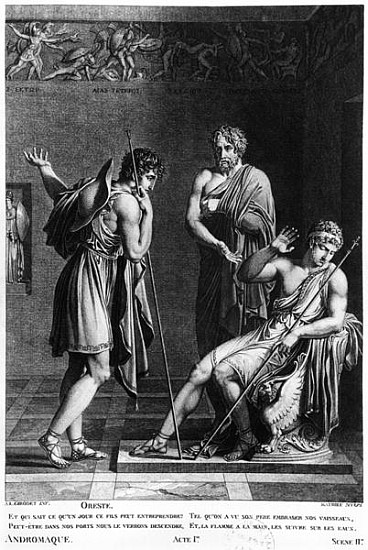 Orestes and Pyrrhus, illustration from Act I Scene 2 of ''Andromaque'' Jean Racine (1639-99) ; engra von (after) Anne Louis Girodet de Roucy-Trioson