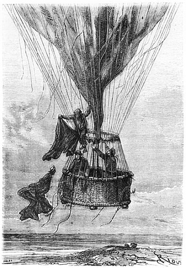 Three Men in a Gondola, illustration from ''Five Weeks in a Balloon'' Jules Verne (1828-1905) von (after) Edouard Riou