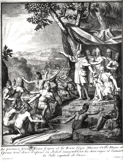 Manco Capac and his wife, Coya Mama Oello Huaco, gathering the savages and building Cuzco von (after) Gabriel Francois Louis Debrie