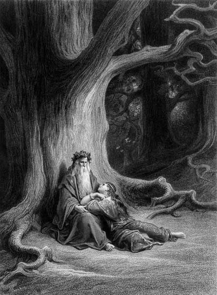 The Enchanter Merlin and the Fairy Vivien in the forest of Broceliande, from ''Vivien'', poem Alfred von (after) Gustave Dore