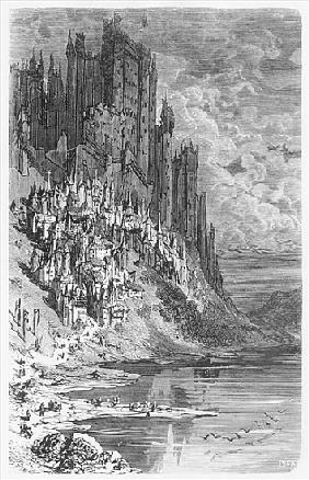 Fantasy landscape with town and castle, illustration from ''Les Contes Drolatiques'' Honore de Balza
