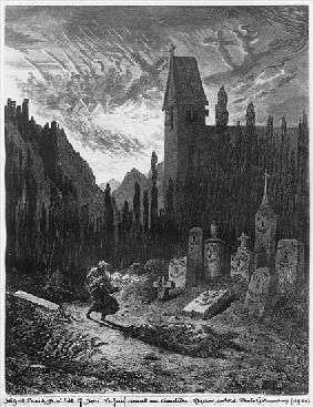 The Wandering Jew in the cemetery; engraved by Octave Jahyer (b.1826)