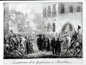 Destruction of the Inquisition in Barcelona, 10th March 1820; engraved by Godefroy Engelmann (1788-1