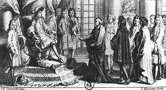 Members of the French Academy presenting the dictionary to Louis XIV (1638-1715) in 1694; engraved b von (after) Jean-Baptiste Corneille