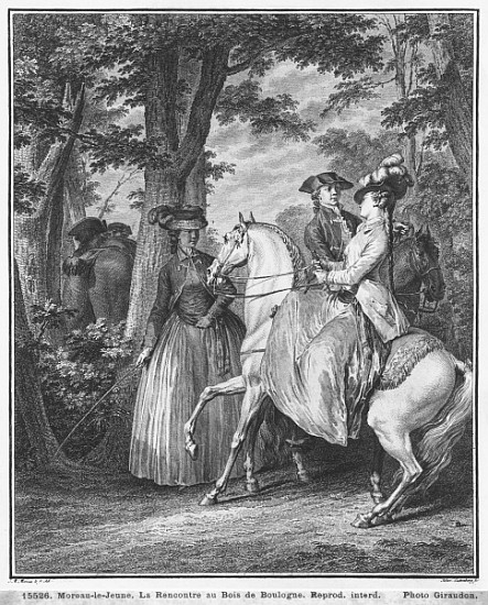 The meeting at the Bois de Boulogne; engraved by Heinrich Guttenberg (1749-1818) c.1777 von (after) Jean Michel the Younger Moreau