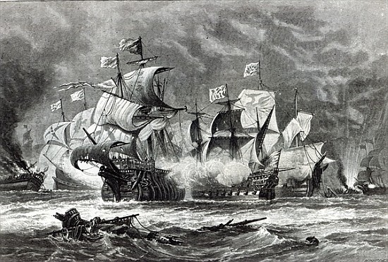 The Vanguard, under Sir William Winter, engaging the Spanish Armada, from ''Leisure Hour'' von (after) Oswald Walter Brierly