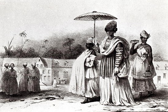 Lady taking a child to Baptism, from ''Voyage a Surinam'' von (after) Pierre J. Benoit