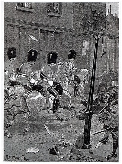 The Irish Land League Agitation: Scots Greys charging the mob at Limerick, illustration from ''The I von (after) Richard Caton Woodville
