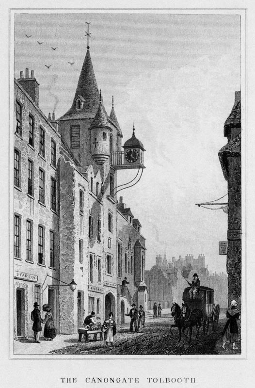 The Canongate Tolbooth, Edinburgh; engraved by Thomas Barber von (after) Thomas Hosmer Shepherd