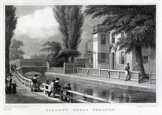 Sadler''s Wells Theatre; engraved by J. Garner von (after) Thomas Hosmer Shepherd