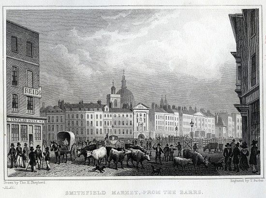 Smithfield Market from the Barrs; engraved by Thomas Barber, c.1830 von (after) Thomas Hosmer Shepherd