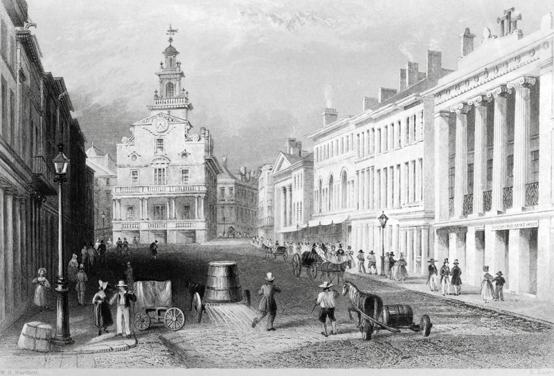 State Street, Boston; engraved by S.Lacey von (after) William Henry Bartlett