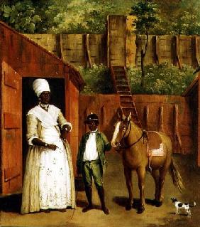 Mother and Son with a Pony outside a Stable