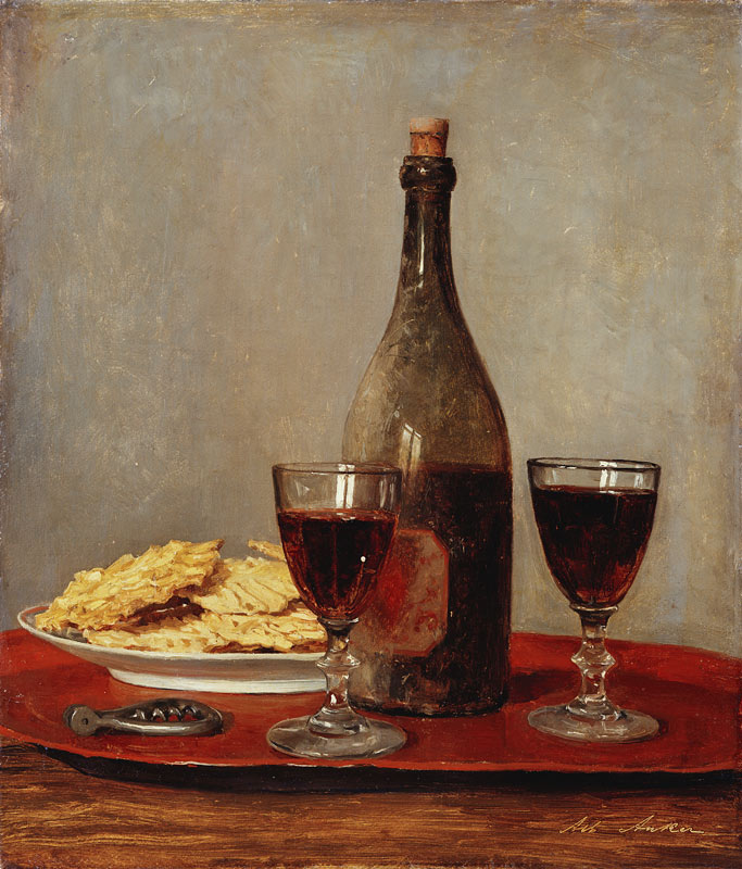 Stillleben mit zwei Rotweingläsern, einer Flasche, einem Korkenzieher und einem Teller mit Gebäck. von Albert Anker